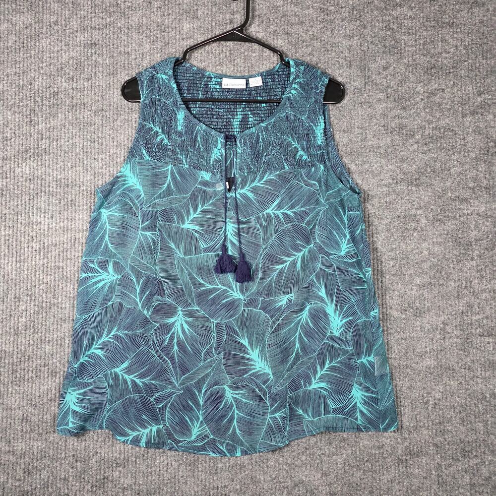 Liz Claiborne Boho Tank Top L Leaf Print Tassel Smocked Neck